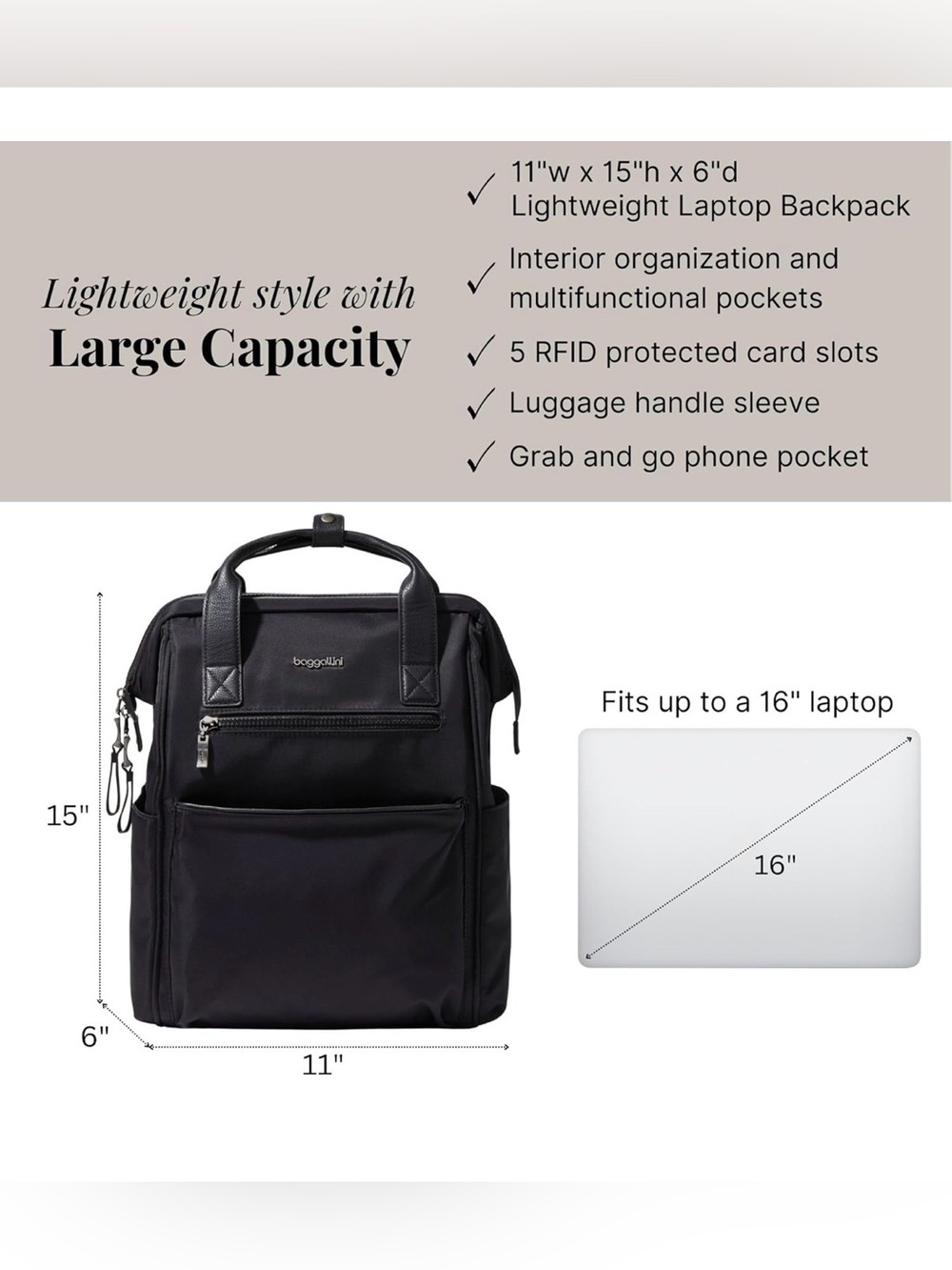 Baggallini Soho Backpack Black- Sleek Everyday/ Travel Bag NWT - Picture 9 of 11